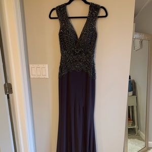 navy blue beaded prom dress